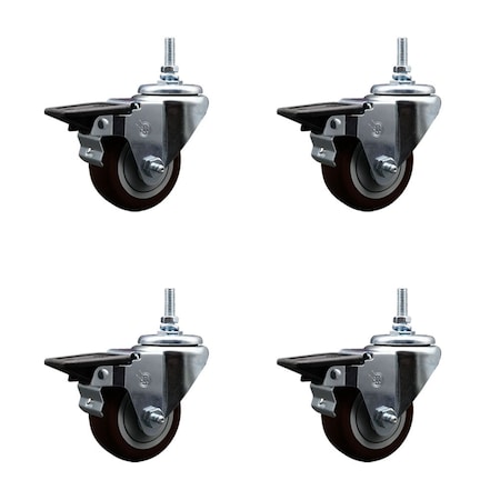 Service Caster 3 Inch Maroon Polyurethane 12 MM Threaded Stem Caster Set with Brake SCC-TS20S314-PPUB-MRN-PLB-M1215-4